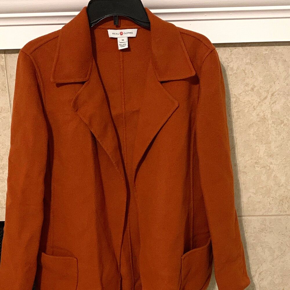 REAL CLOTHES Women’s Orange Solid Open Front Mid-Length Overcoat Size 10 Wool